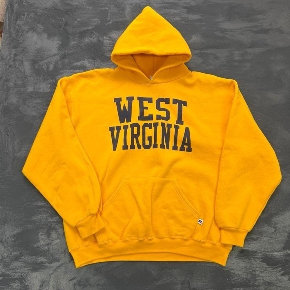 Vintage University Of West Virginia‎ Hoodie Mens XL Yellow 90s Russell Athletic